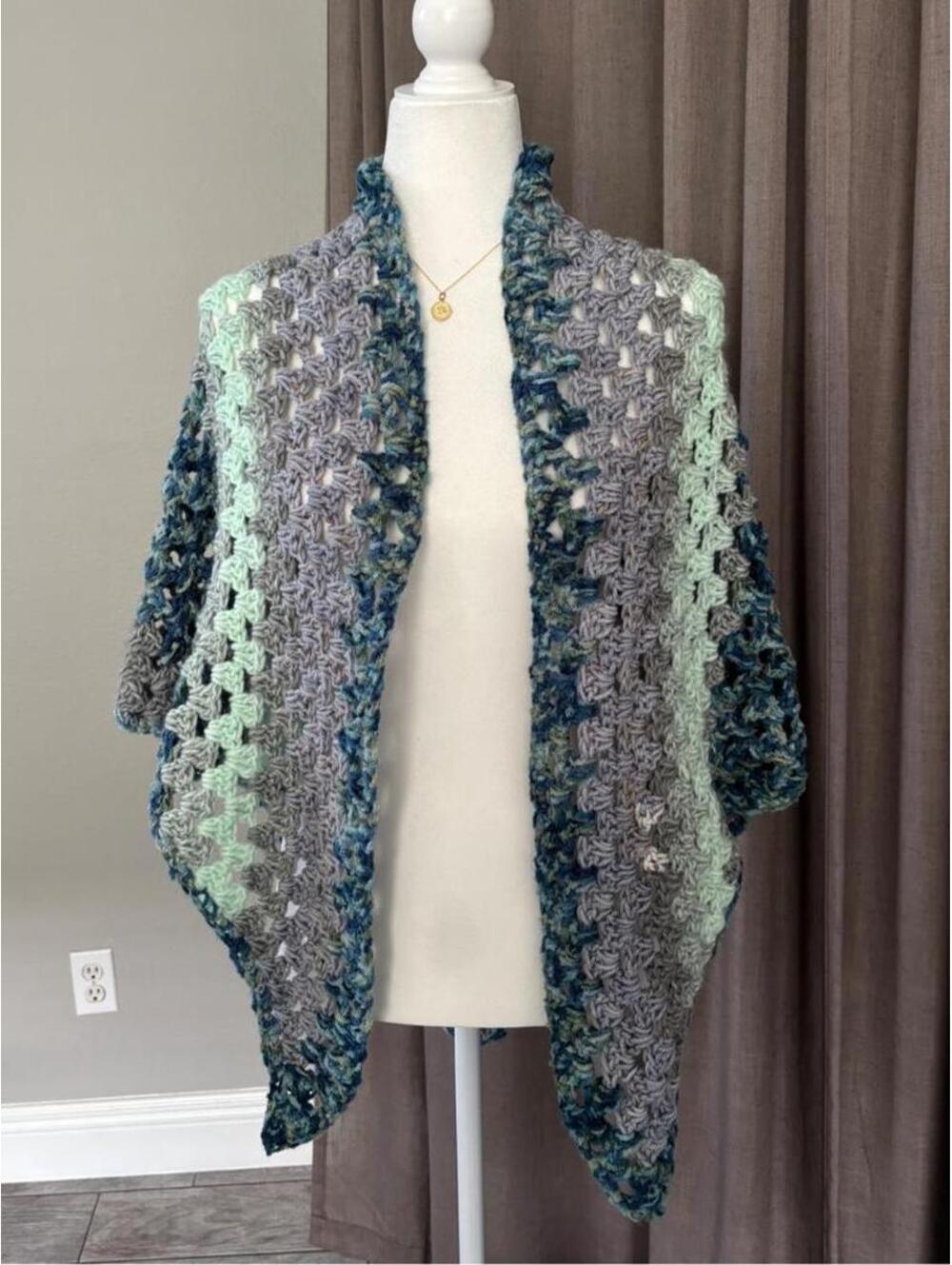Unique Handmade Crochet Triangle Shawl/Wrap Blue Gray Mint & Teal